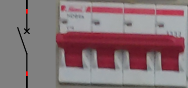 a picture of a 3 phase circuit breaker next to the diagram symbol of a normal circuit breaker